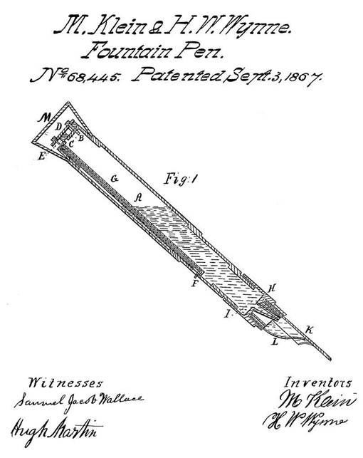 Схематическое изображение конструктивных частей перьевой ручки  в патенте № 68,445 от 03.09.1867 года