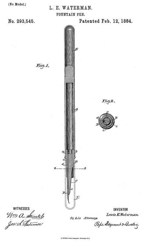 Схематическое изображение конструктивных частей перьевых ручек в патенте № 293,545 от 12.02.1884 года