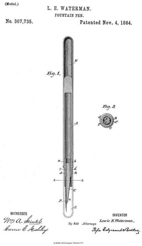 Схематическое изображение конструктивных частей перьевых ручек в патенте № 307,735 от 04.11.1884 года