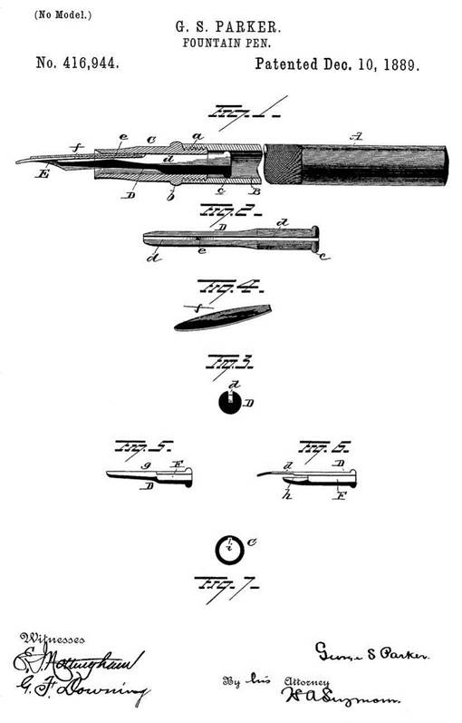 Схематические изображения конструктивных частей перьевой ручки в патенте № 416,944 от 10.12.1889 года